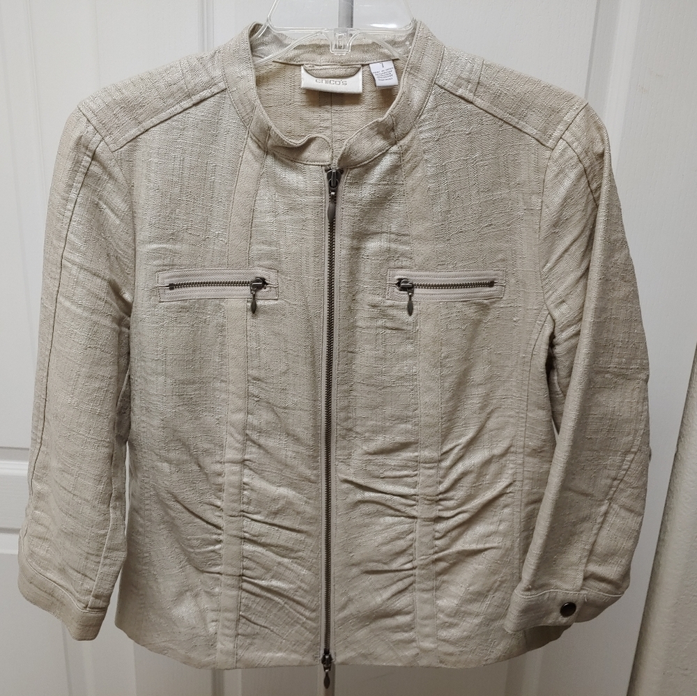 Chicos 3/4 sleeve tan metallic jacket Size 1